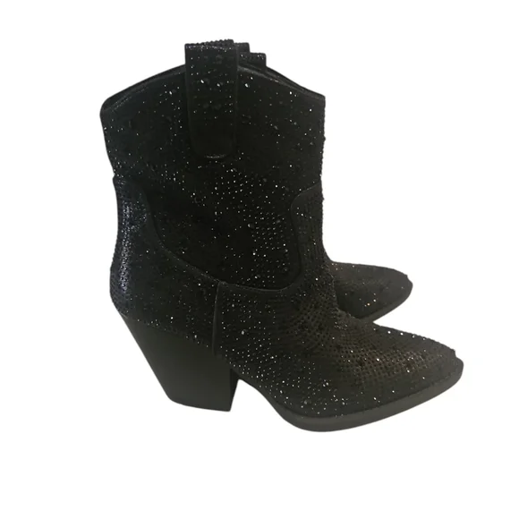 FOREVER RiverWomen Rhimestone Block Chunky Heel Black Glitter Ankle Boots Size 7 - Picture 2 of 13